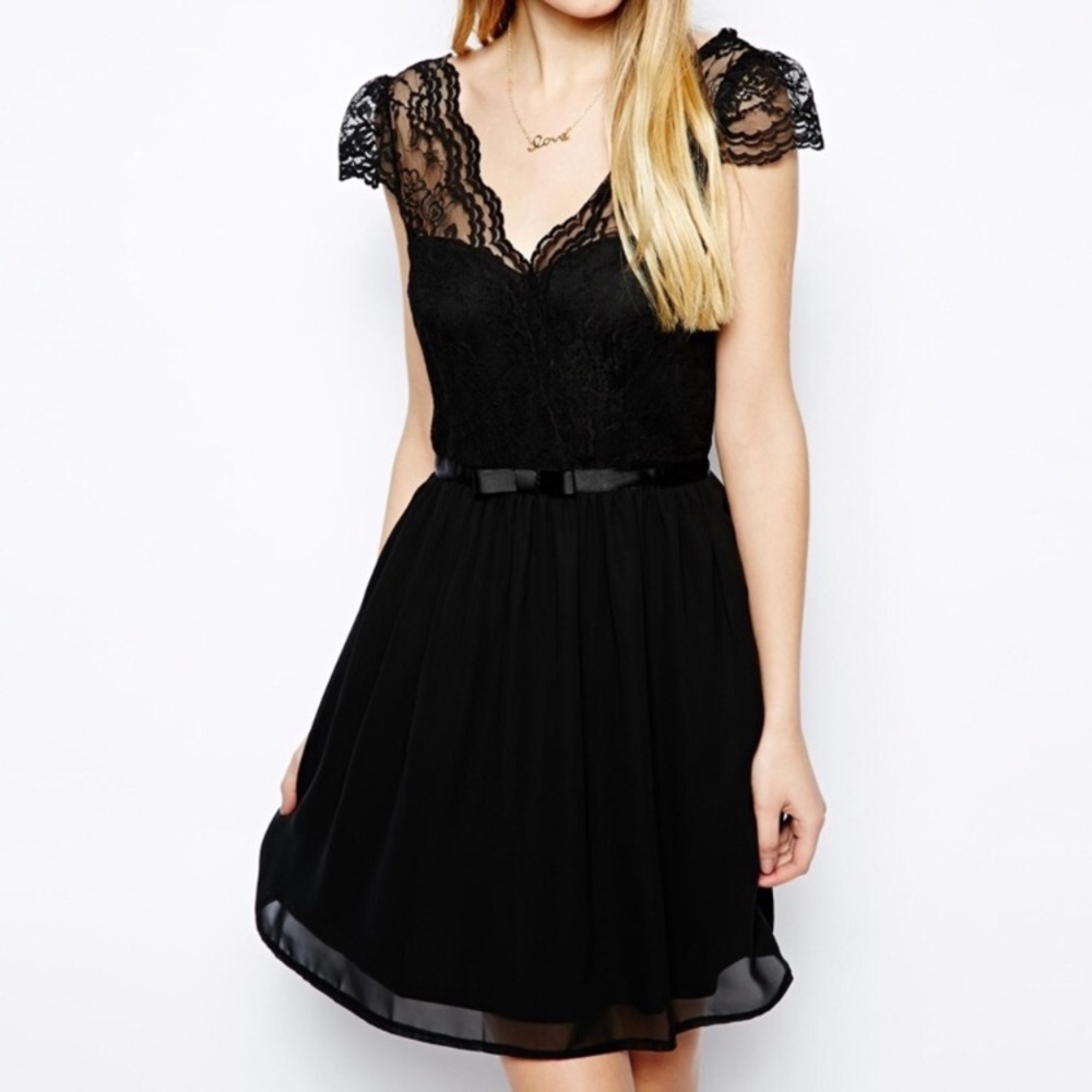 ASOS Scallop V Neck Lace Little Black Dress w Bow